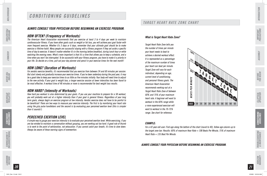 Horizon Fitness E401 Conditioning Guidelines, Target Heart Rate Zone Chart, HOW OFTEN? Frequency of Workouts, Example 