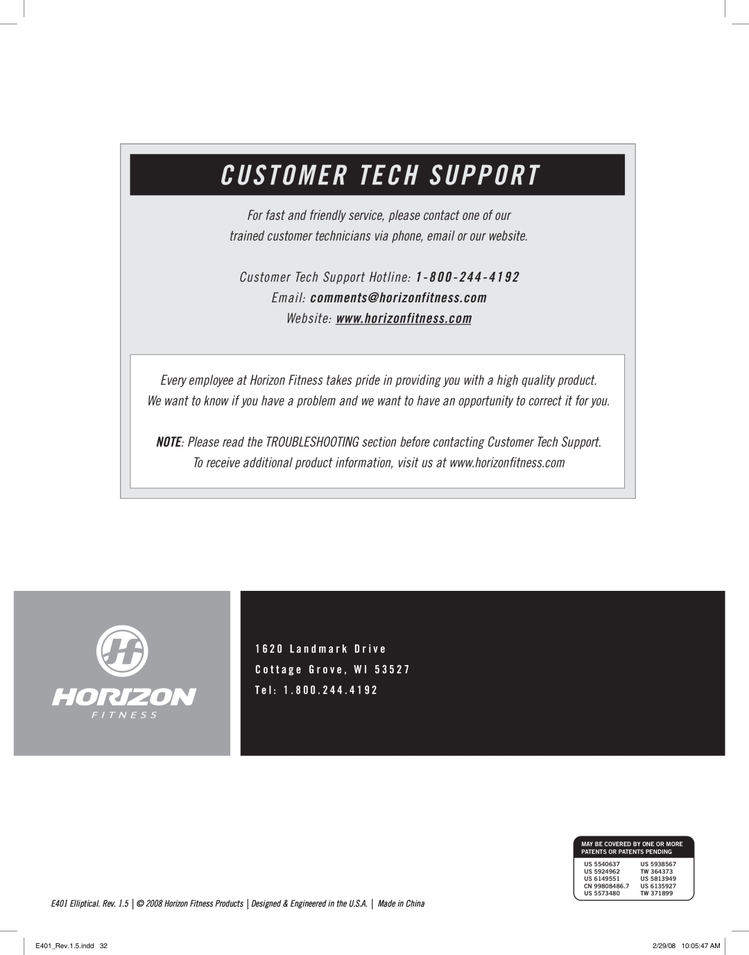 Horizon Fitness E401 manual Customer Tech Support 