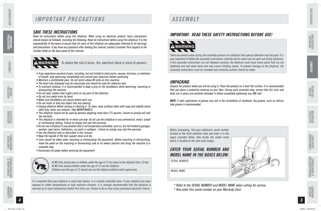 Horizon Fitness E401 manual Important Precautions, Assembly, Save These Instructions, Unpacking 
