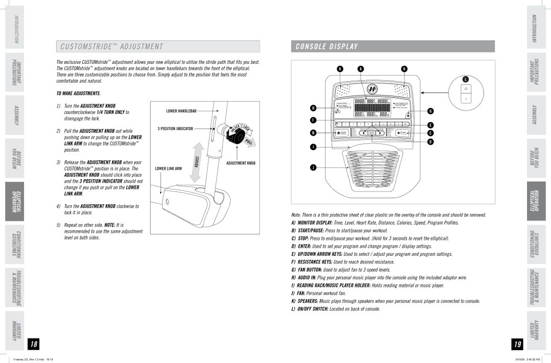 Horizon Fitness E5 manual S T O M S T R I D E Adjustment, Console Display 