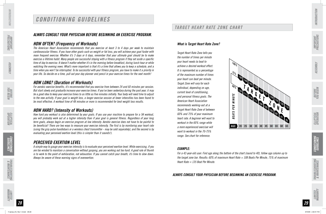 Horizon Fitness E5 manual Conditioning Guidelines, Target Heart Rate Zone Chart, Perceived Exertion Level, Example 