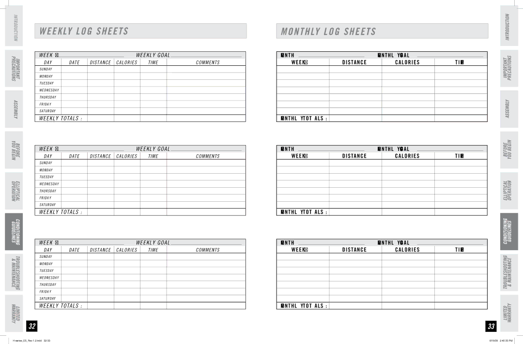 Horizon Fitness E5 manual Monthly LOG Sheets, Week # Distance Calories Time Monthly Totals 