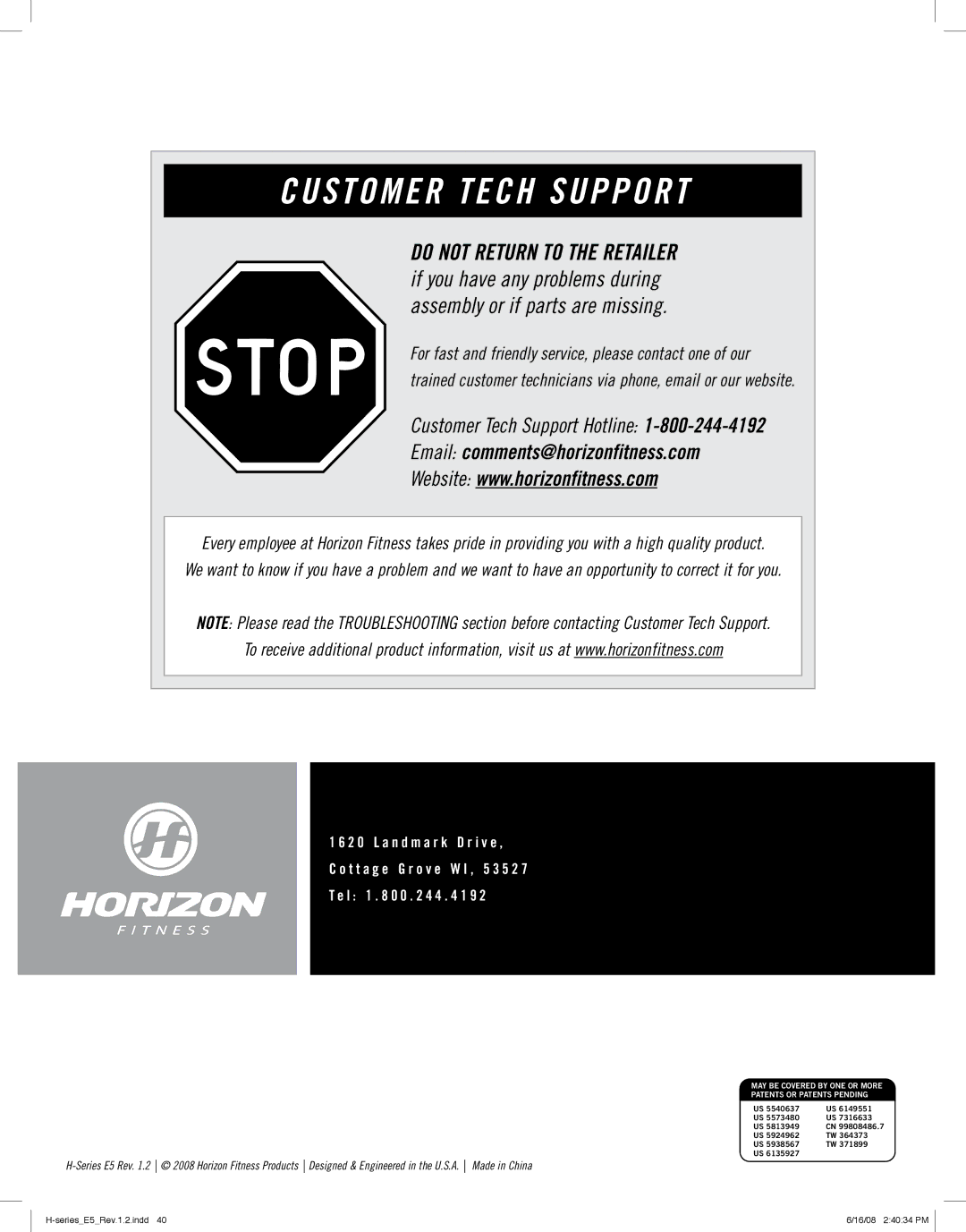 Horizon Fitness E5 manual Customer Tech Support 