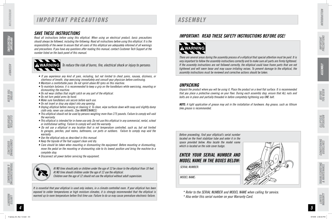 Horizon Fitness E5 manual Important Precautions, S E M B Ly, Unpacking 