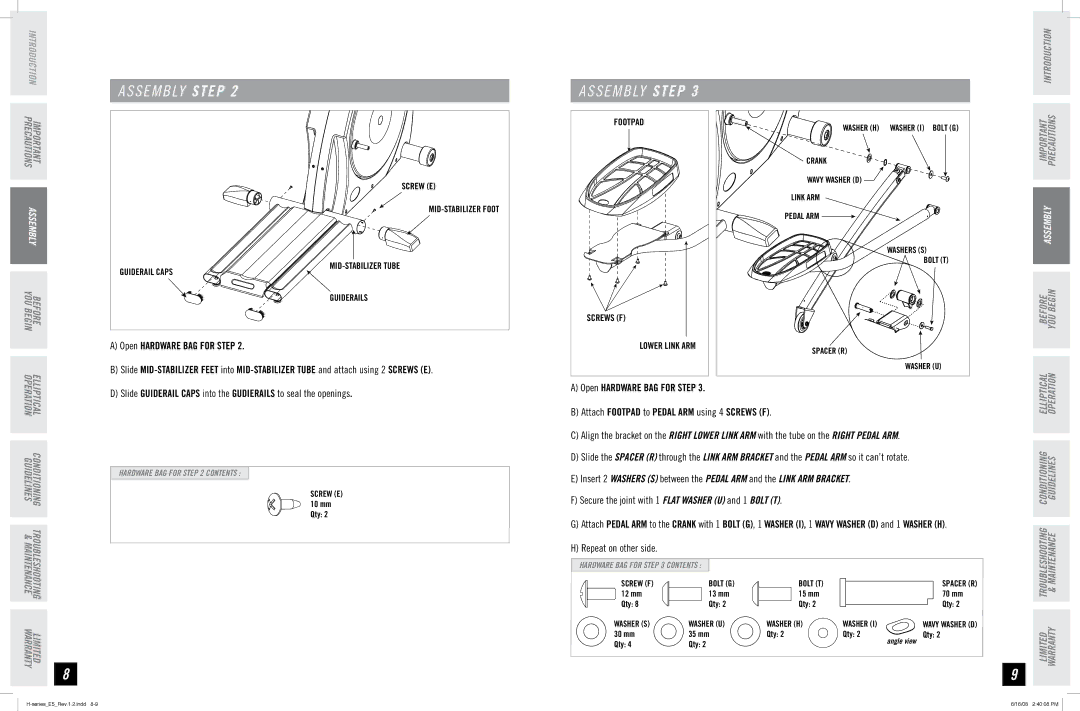 Horizon Fitness E5 manual Secure the joint with 1 Flat Washer U and 1 Bolt T 