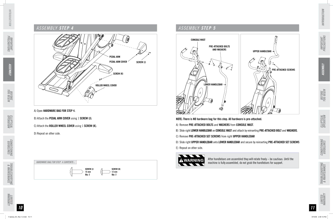 Horizon Fitness E5 manual Remove PRE-ATTACHED Bolts and Washers from Console Mast 