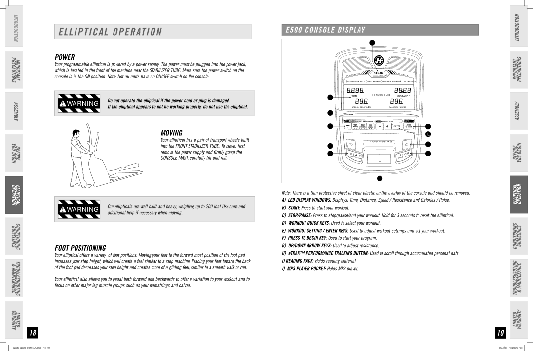 Horizon Fitness E800, E700 manual Elliptical Operation, Power, Moving, Foot Positioning, E500 Console Display 