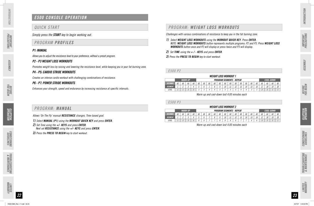 Horizon Fitness E800, E700 manual E500 Console Operation, Program Profiles, Program Manual, Program Weight Loss Workouts 