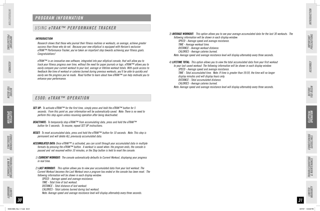 Horizon Fitness E800, E700 manual Program Information, Us i n g et r a k Performance tracker, E500 etrak operation 