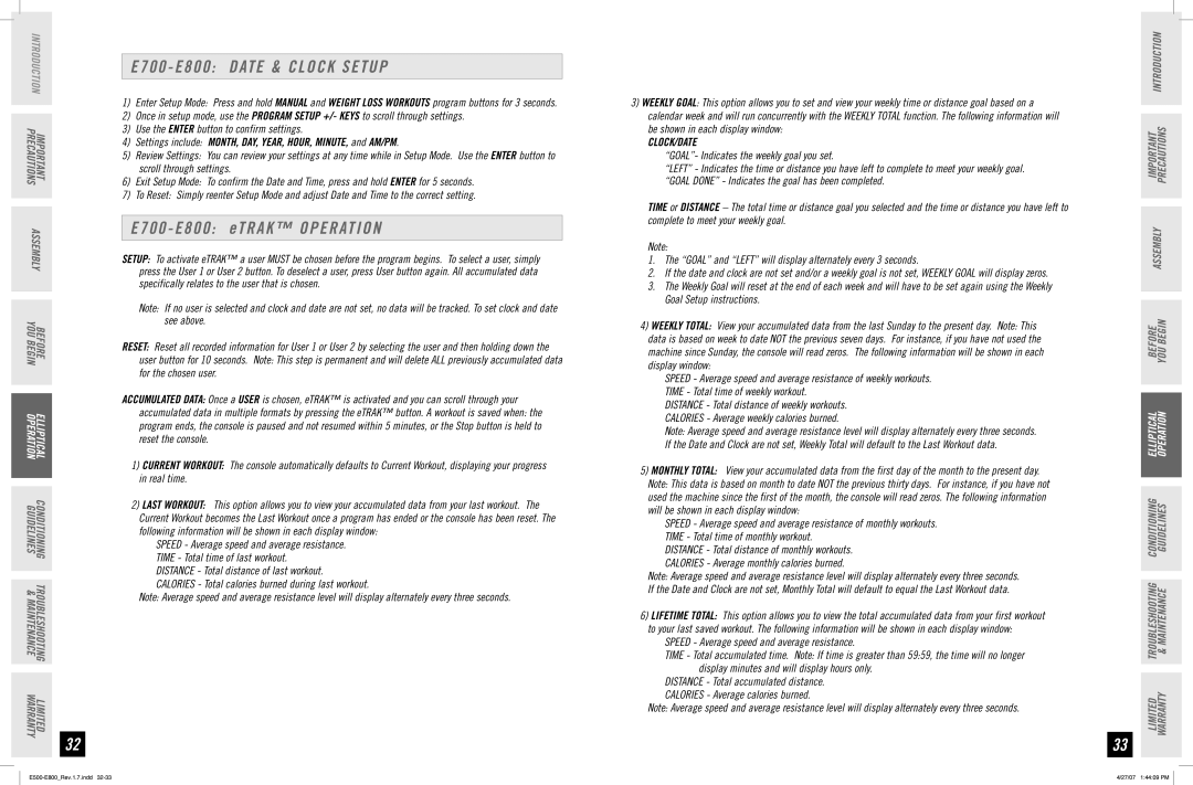 Horizon Fitness E500 manual E700 E800 Date & Clock Setup, E700 E800 etrak operation 