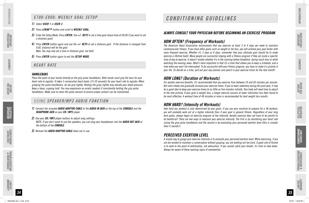 Horizon Fitness E500 Conditioning Guidelines, E700 E800 Weekly Goal Setup, Heart Rate, Us i n g SPEAKER/MP3 Audio Function 