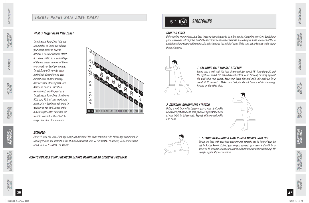 Horizon Fitness E800, E500, E700 manual Target Heart Rate Zone Chart, Stretch First, Standing Calf Muscle Stretch 