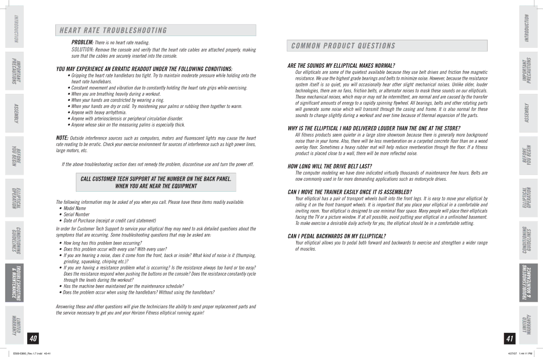 Horizon Fitness E500, E800, E700 manual Heart Rate Troubleshooting, Common Product Questions 