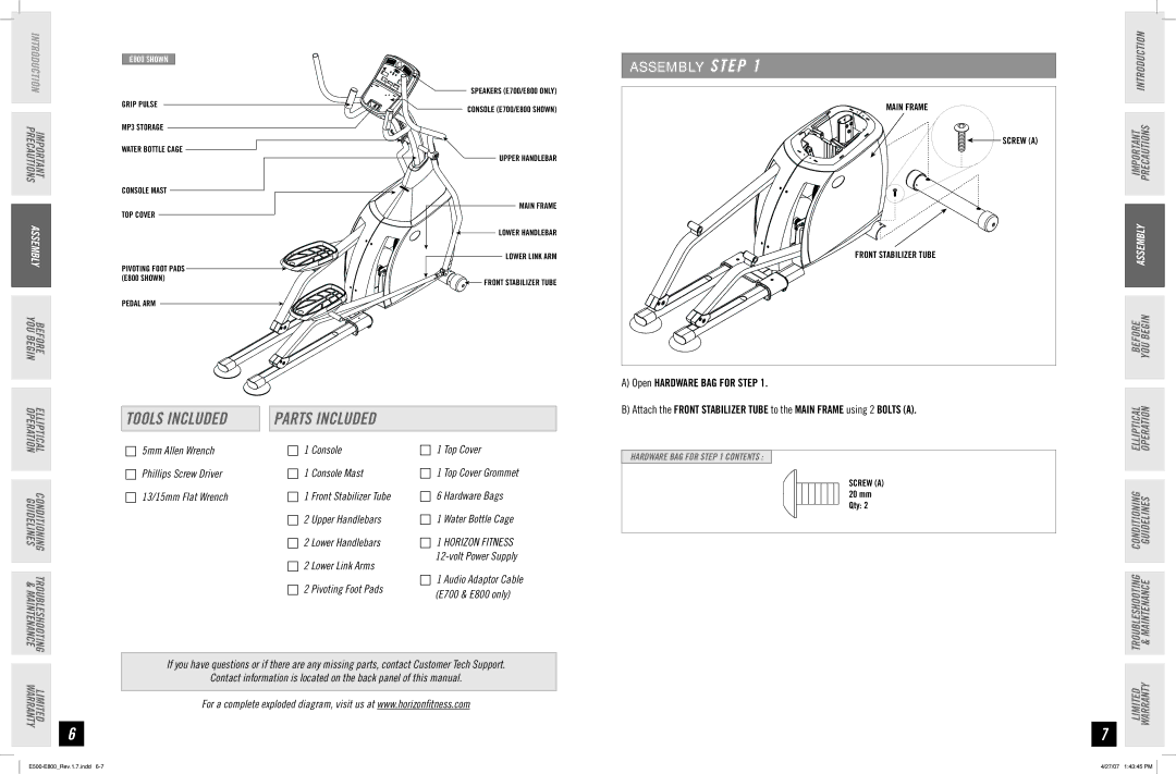 Horizon Fitness E800, E500, E700 manual S E M B LY Step, Tools Included Parts Included 