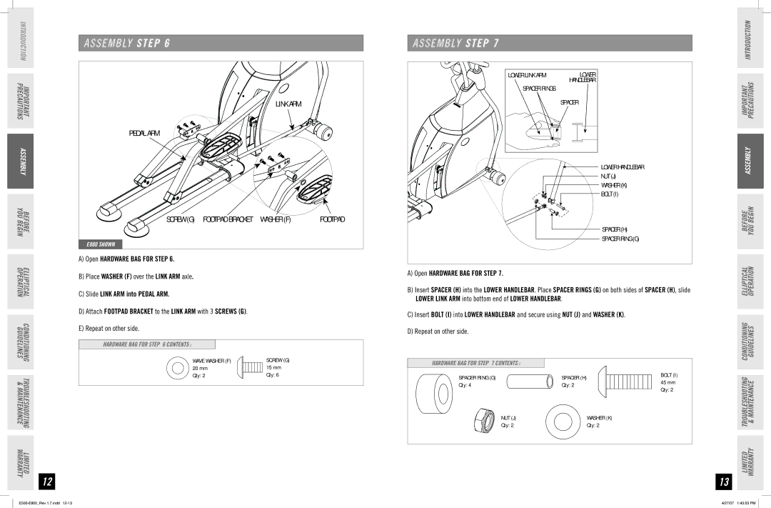 Horizon Fitness E800, E500, E700 manual Link ARM Pedal ARM 