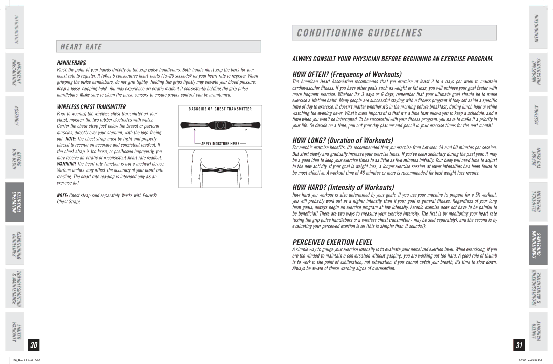 Horizon Fitness E6 Conditioning Guidelines, Heart Rate, Perceived Exertion Level, Handlebars, Wireless Chest Transmitter 