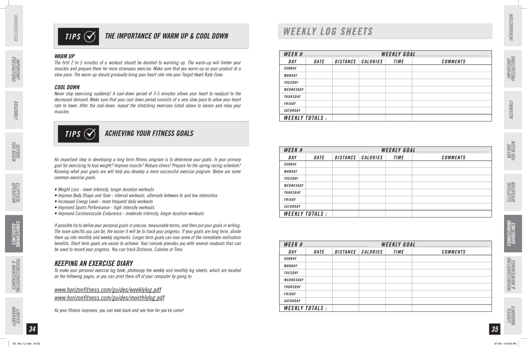 Horizon Fitness E6 manual Weekly LOG Sheets, Achieving Your Fitness Goals, Keeping AN Exercise Diary 