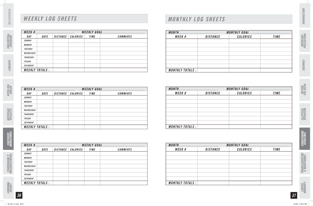 Horizon Fitness E6 manual Monthly LOG Sheets, 5 / $ $ 0 3  5 0 5 4   