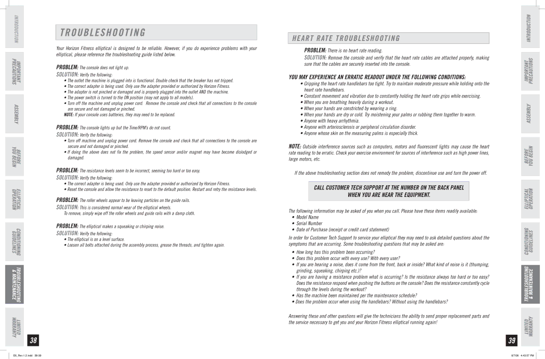 Horizon Fitness E6 manual Heart Rate Troubleshooting, When YOU are Near the Equipment 