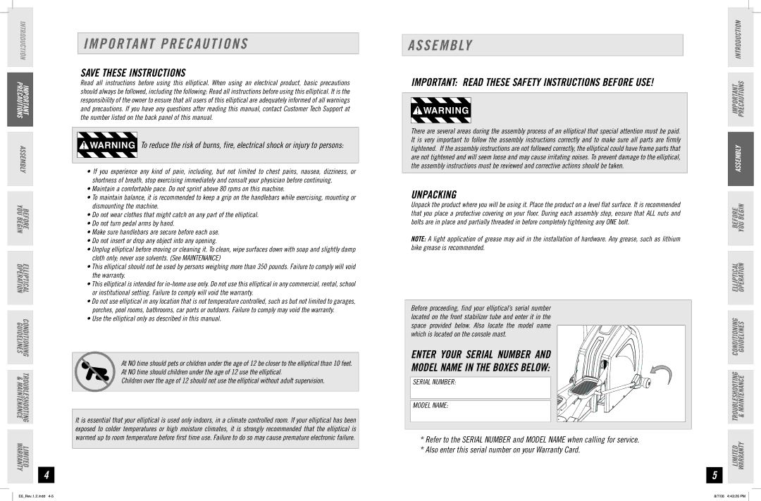 Horizon Fitness E6 manual Important Precautions, Assembly, Unpacking 