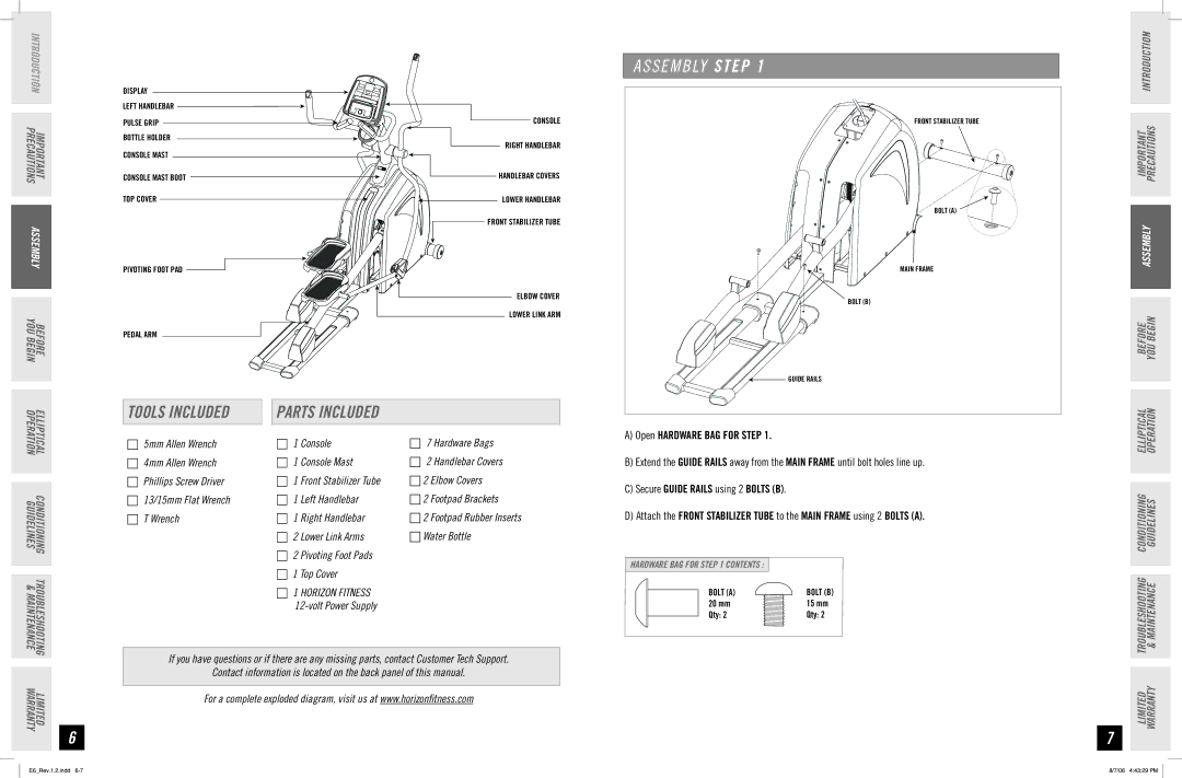 Horizon Fitness E6 manual S E M B LY Step, Tools Included, Parts Included 