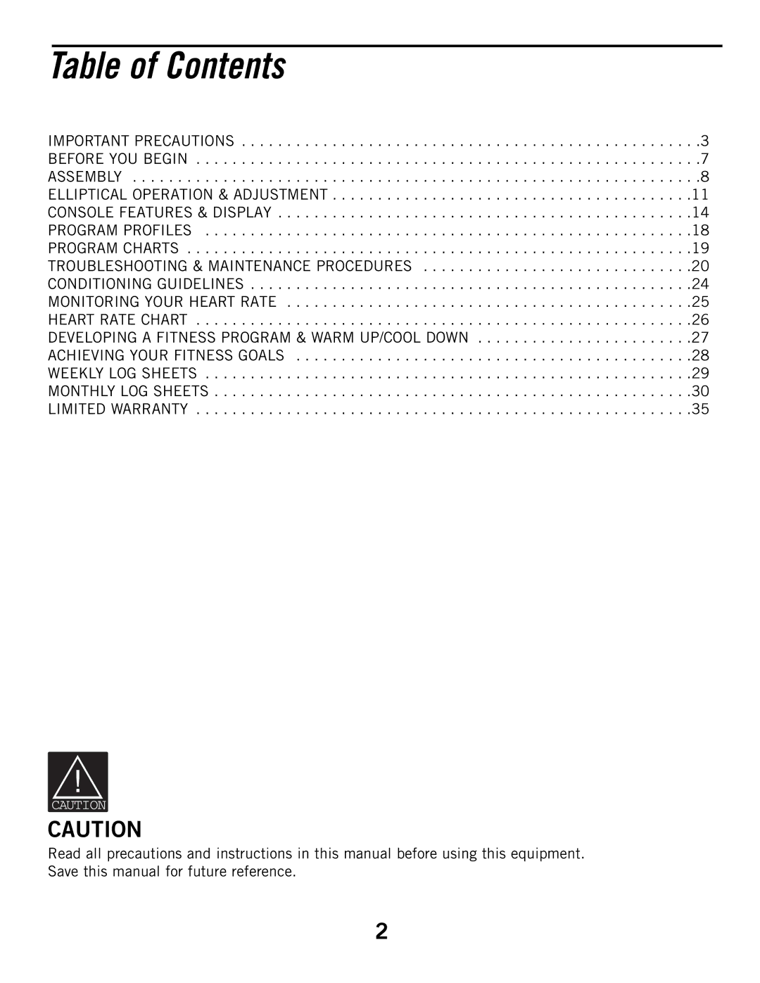 Horizon Fitness E6050 manual Table of Contents 