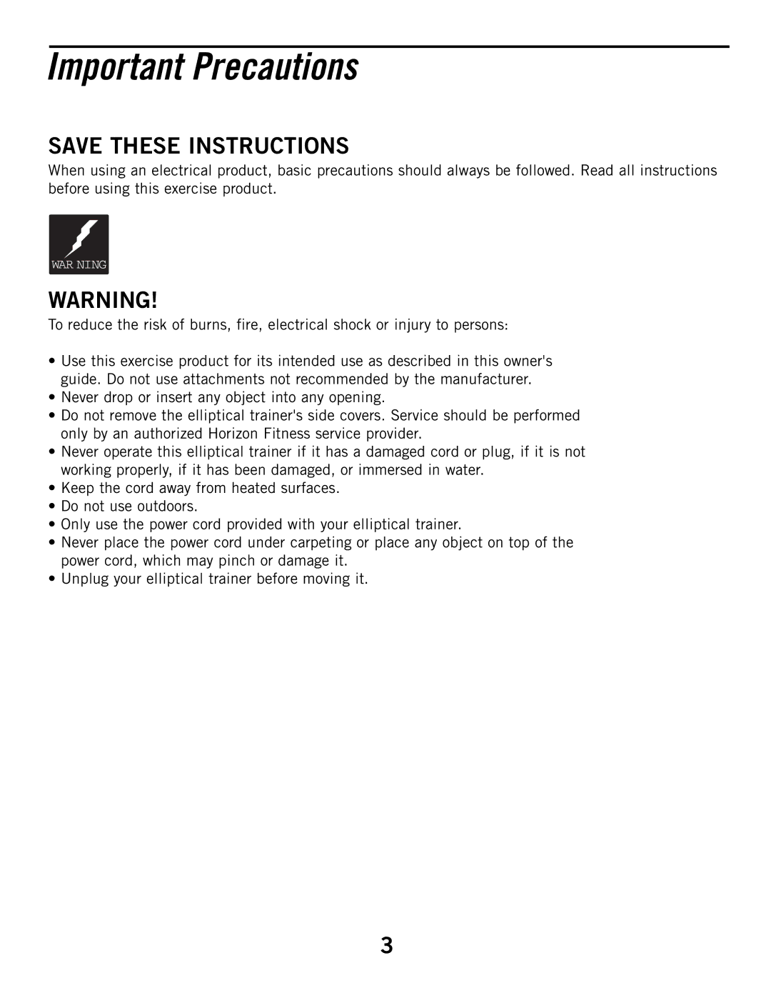 Horizon Fitness E6050 manual Important Precautions 