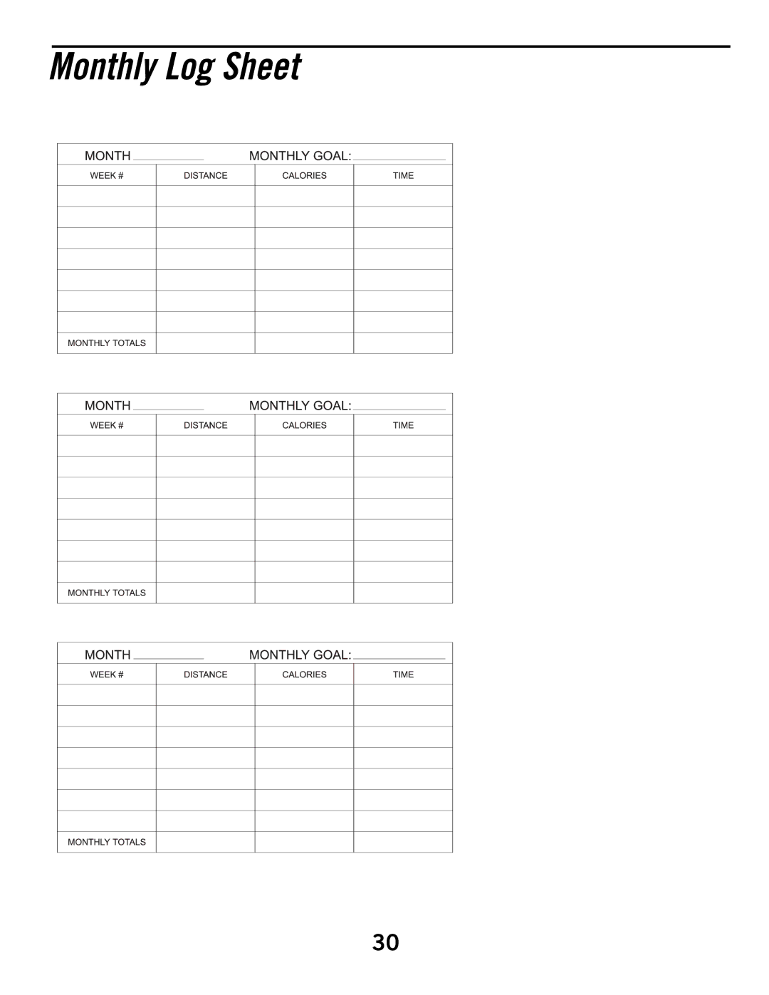 Horizon Fitness E6050 manual Monthly Log Sheet 