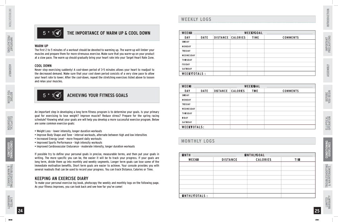 Horizon Fitness E701 manual Monthly Logs, Warm UP, Cool Down 