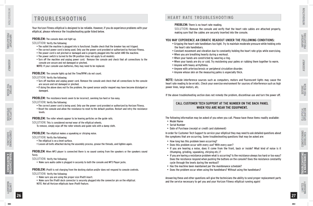 Horizon Fitness E701 manual Ro U B L E S H O Ot I N G, Heart Rate Troubleshooting, When YOU are Near the Equipment 