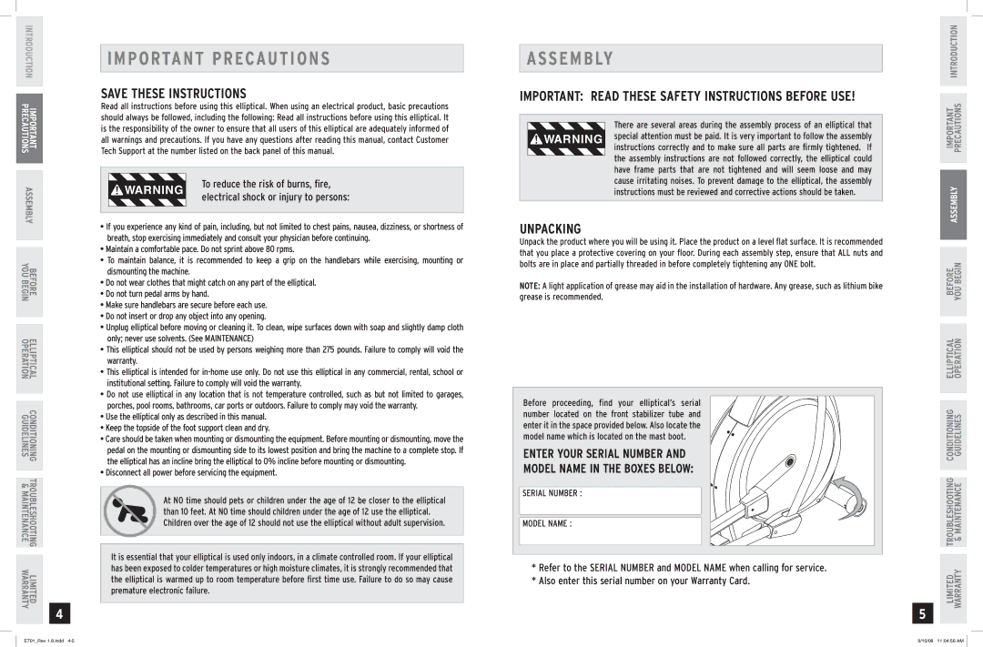 Horizon Fitness E701 manual Important Precautions, Assembly 