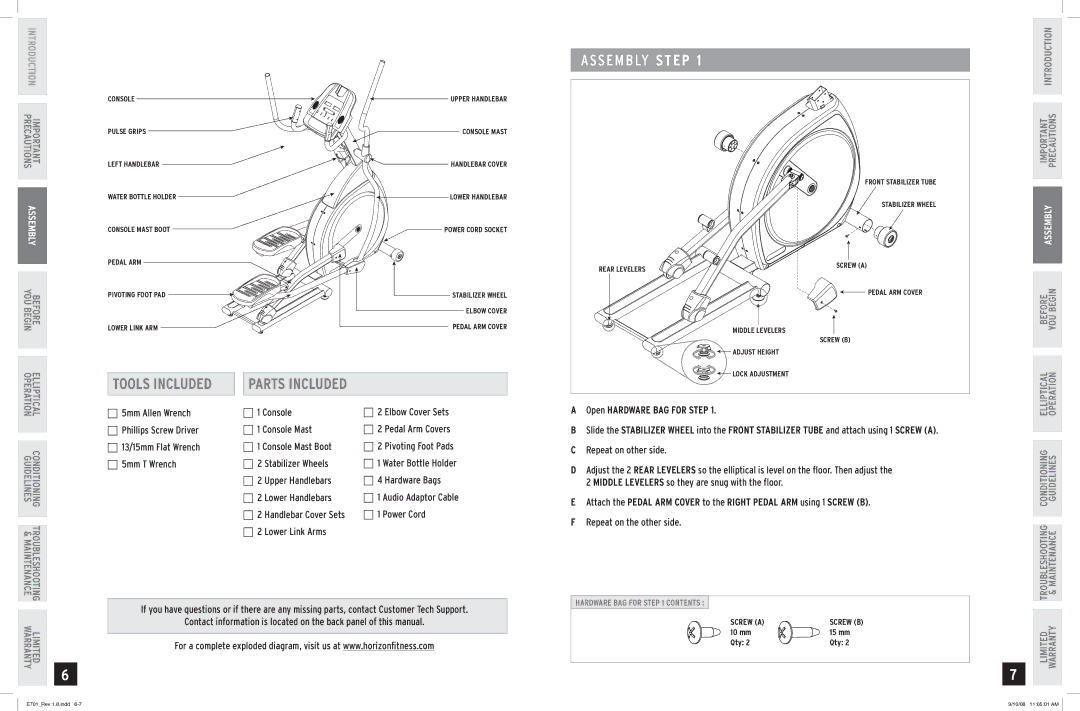 Horizon Fitness E701 manual Parts Included, Begin 