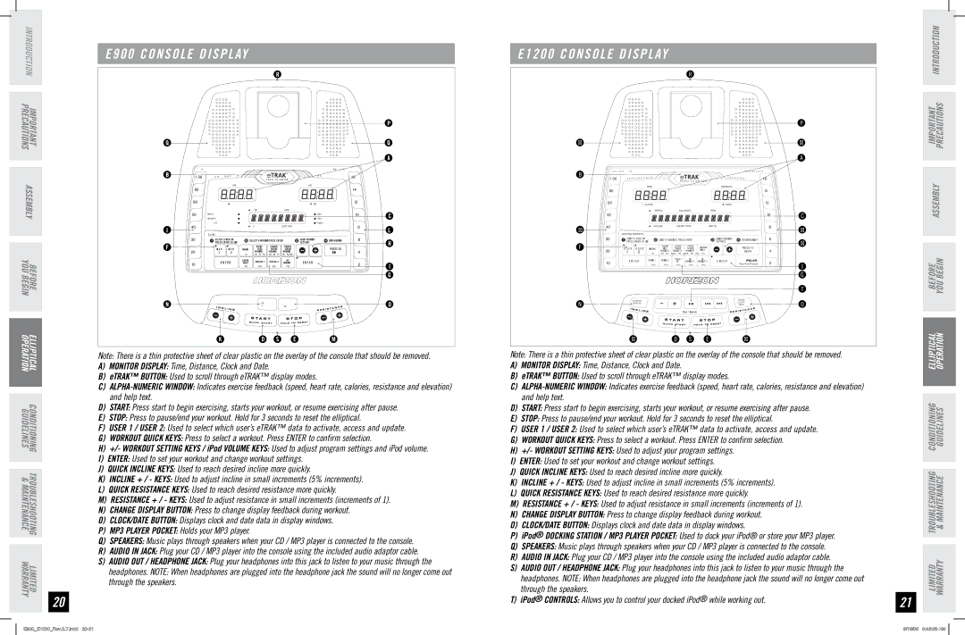 Horizon Fitness manual E900 Console Display, E1200 Console Display 