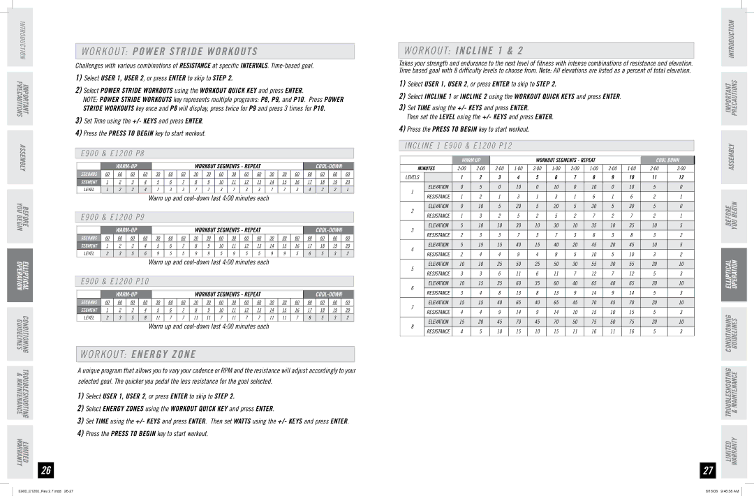 Horizon Fitness E900, E1200 manual R K O U T Power Stride Workouts, R K O U T Energy Zone, R K O U T Incline 1 