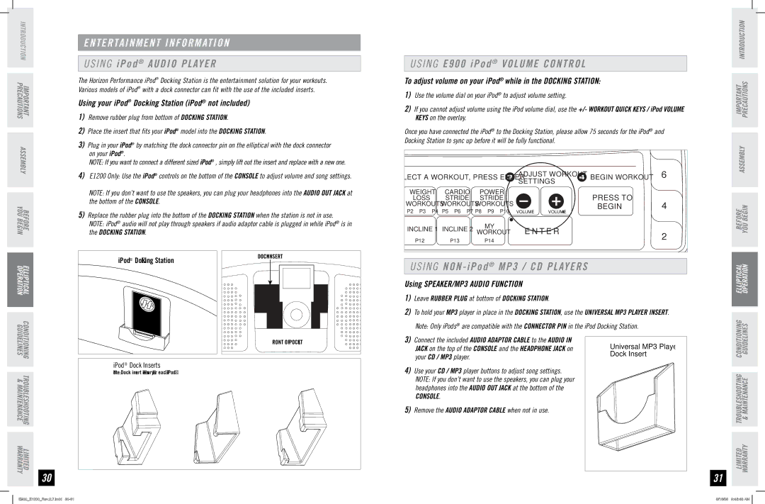 Horizon Fitness E1200 manual Entertainment Information, Using iPod Audio Player, Using E900 iPod Volume Control 