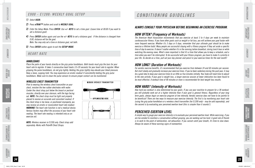 Horizon Fitness manual Conditioning Guidelines, E900 E1200 Weekly Goal Setup, Heart Rate, Perceived Exertion Level 