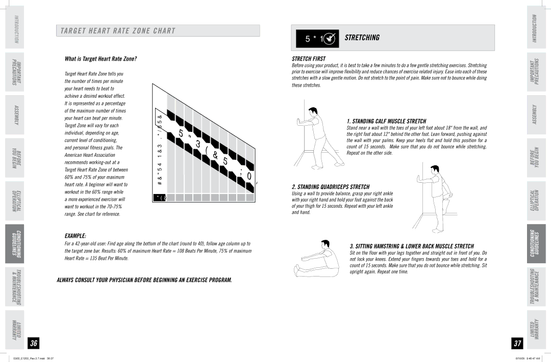 Horizon Fitness E1200, E900 manual Target Heart Rate Zone Chart, Stretch First, Standing Calf Muscle Stretch, Example 