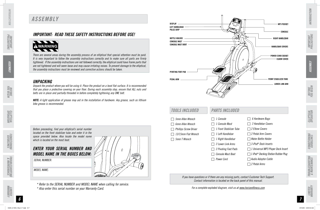 Horizon Fitness E900, E1200 manual S E M B Ly, Unpacking, Tools Included, Parts Included 