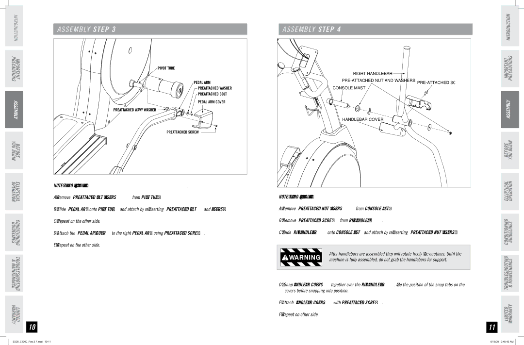 Horizon Fitness E900, E1200 manual PRE-ATTACHED Screw 