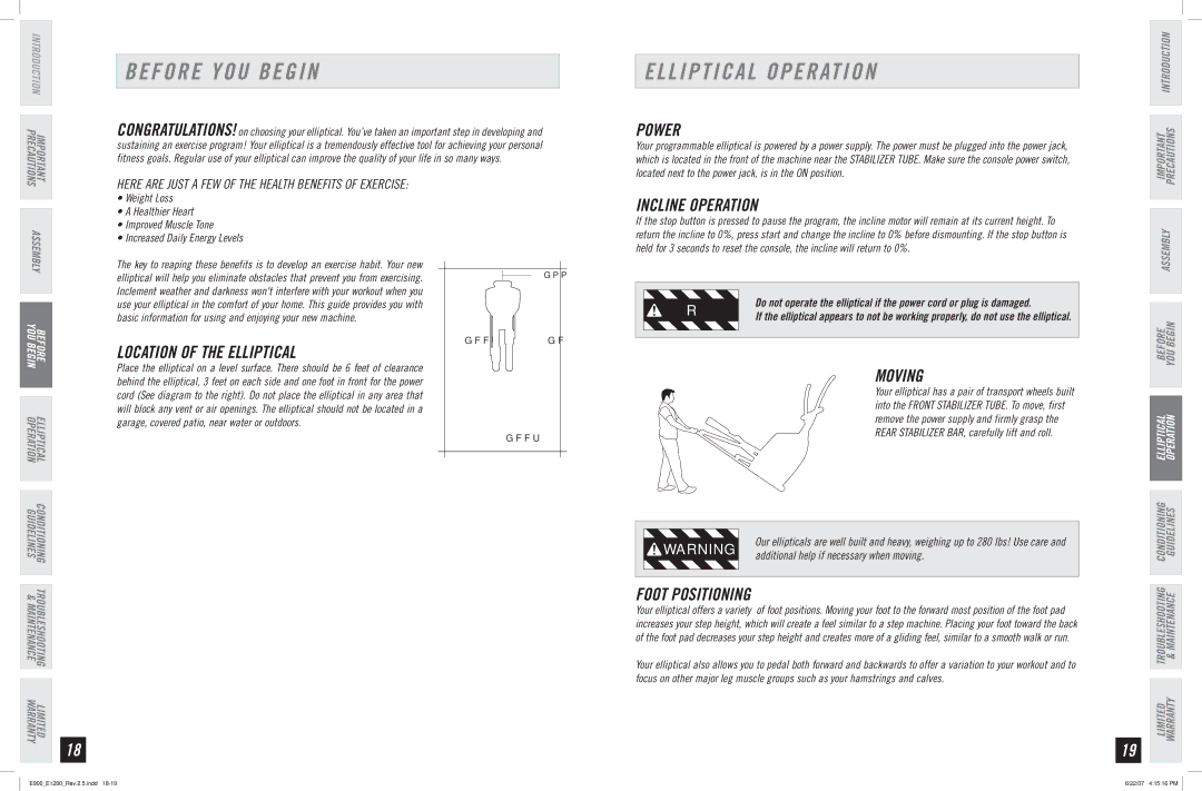 Horizon Fitness E900, E1200 manual Before YOU Begin, Elliptical Operation 