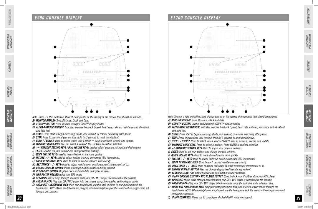 Horizon Fitness manual E900 Console Display, E1200 Console Display 