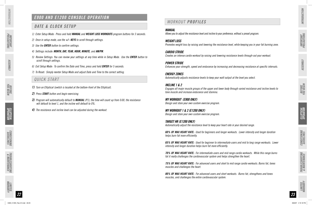 Horizon Fitness manual E900 and E1200 Console Operation, Date & Clock Setup, Quick Start, Workout Profiles 