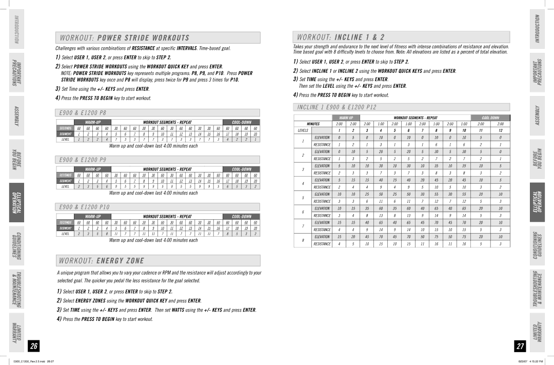 Horizon Fitness E900, E1200 manual R K O U T Power Stride Workouts, R K O U T Energy Zone, R K O U T Incline 1 