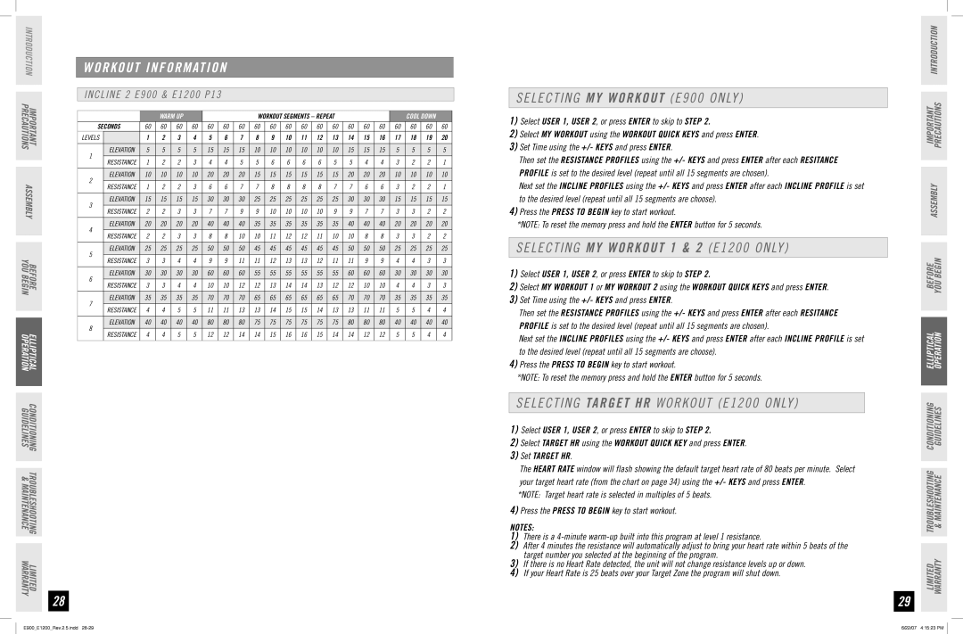 Horizon Fitness manual Selecting My workout E900 only, Selecting My workout 1 & 2 E1200 only 