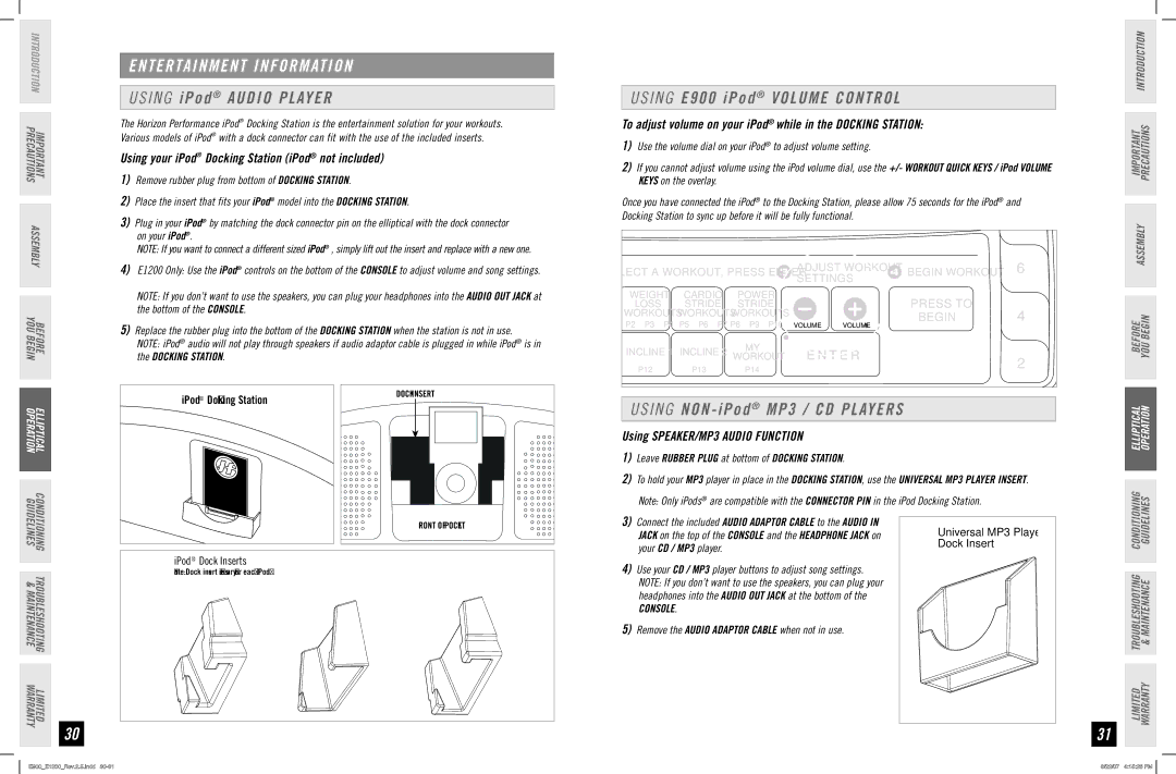 Horizon Fitness E1200 manual Entertainment Information, Using iPod Audio Player, Using E900 iPod Volume Control 