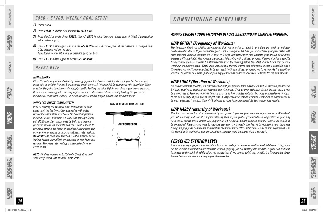 Horizon Fitness manual Conditioning Guidelines, E900 E1200 Weekly Goal Setup, Heart Rate, Perceived Exertion Level 