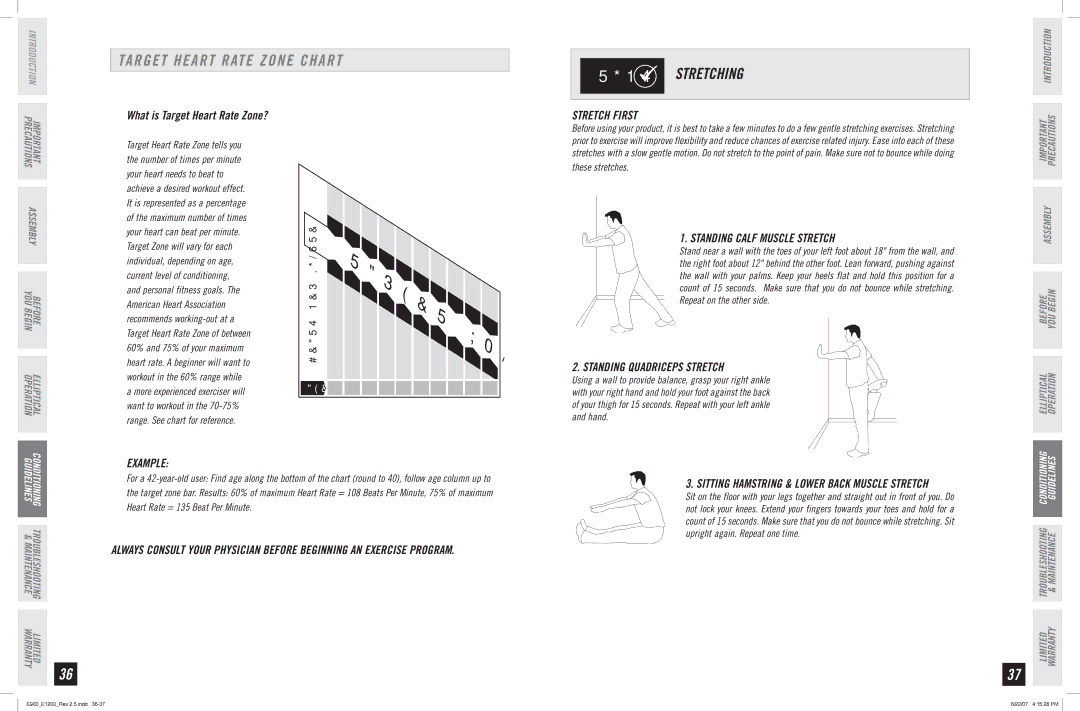 Horizon Fitness E1200, E900 manual Target Heart Rate Zone Chart, Stretch First, Standing Calf Muscle Stretch, Example 