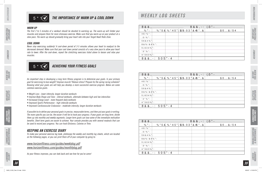 Horizon Fitness E900, E1200 manual Weekly LOG Sheets, Achieving Your Fitness Goals, Keeping AN Exercise Diary 