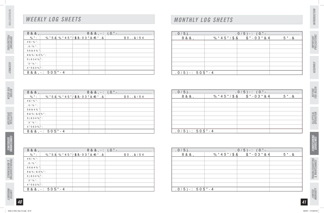 Horizon Fitness E1200, E900 manual Monthly LOG Sheets, 5 / $ $ 0 3  5 0 5 4   