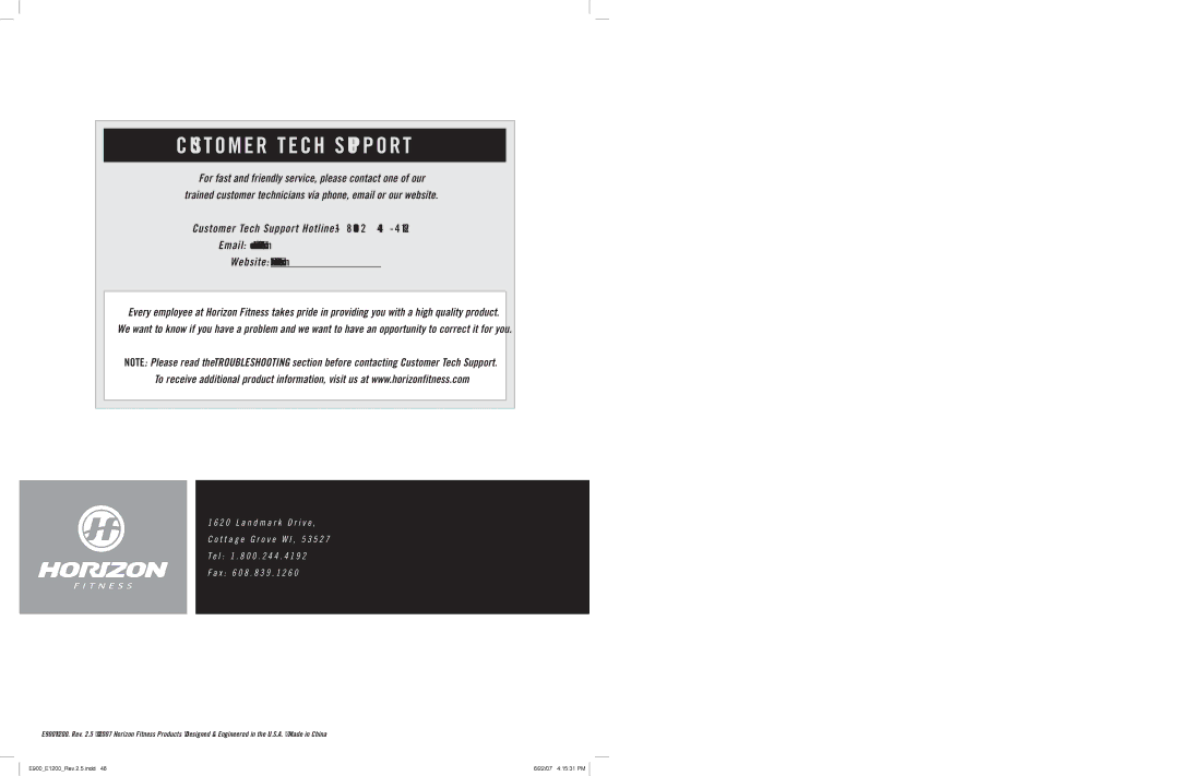 Horizon Fitness E1200, E900 manual Customer Tech Support 